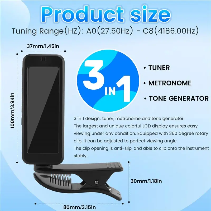 CGDS-3 In 1 Guitar Tuner Large LCD Screen Metronome Generator With Clip For Chromatic Guitar Bass Ukulele Violin