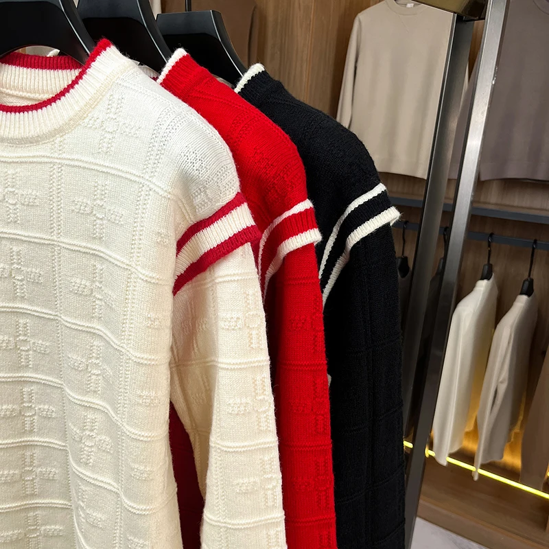 New High quality Men's Autumn long sleeves Knitting Sweater Round neck Jacquard Keep warm Underwear Pullover Men's clothing tops