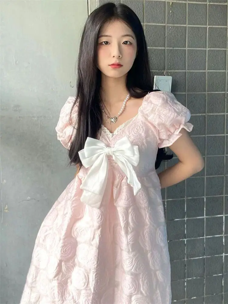 Robes douces femmes nœud fleurs bouffantes manches courtes dentelle Patchwork col en V Style Preppy été Mini robe fête décontracté