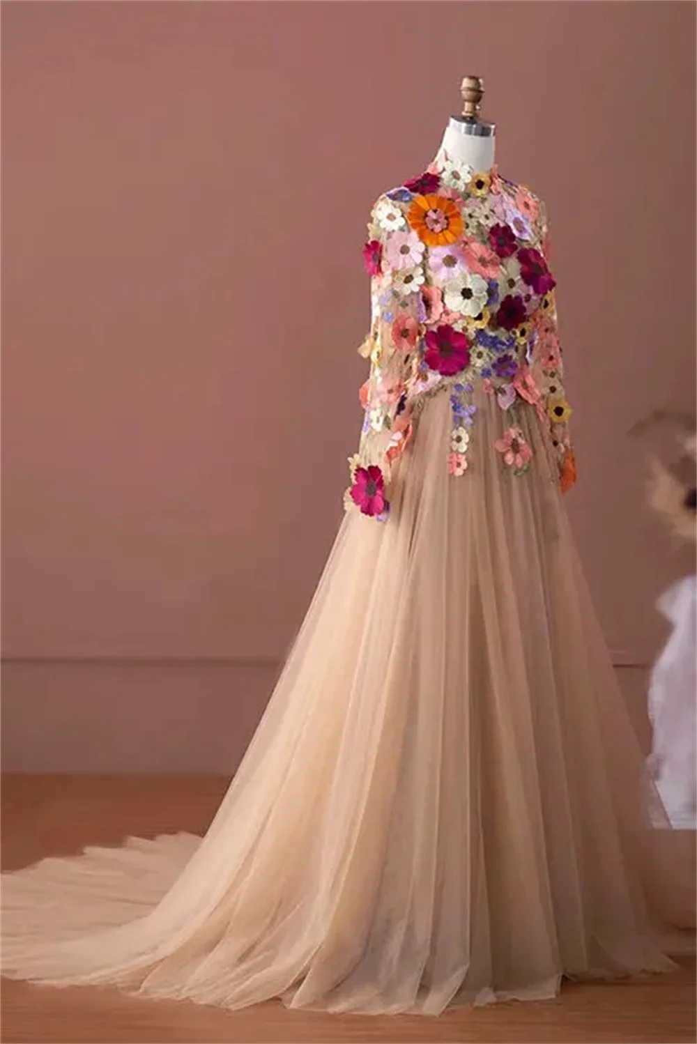 Cathy Flower Appliques Prom Dresses High Neck Tulle A-line فساتين السهرة Elegant Long Sleeves Floor-Length vestidos verano moda