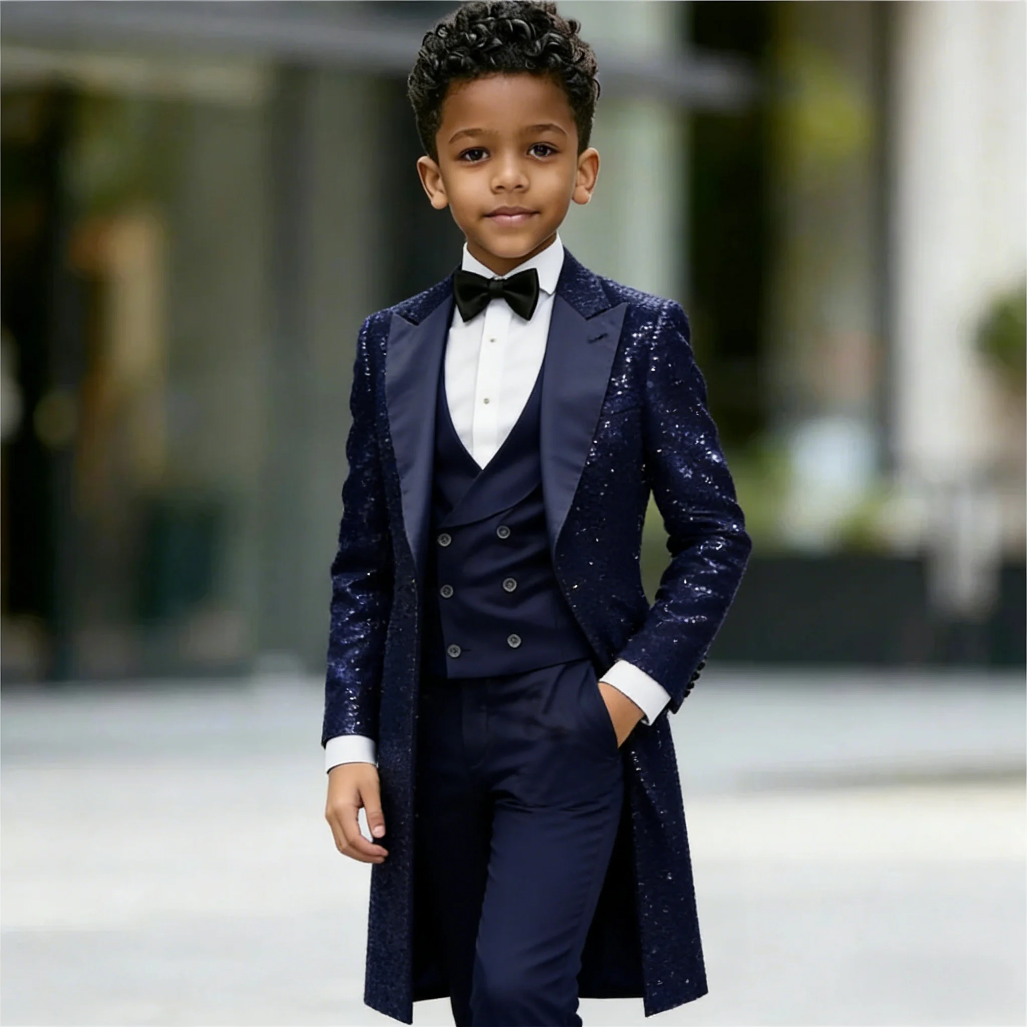 

Темно-синий детский костюм с пайетками для мальчиков: смокинг из 3 предметов (длинный пиджак, брюки, жилет), формальный пиджак для детей, праздничный смокинг-фрак, одежда