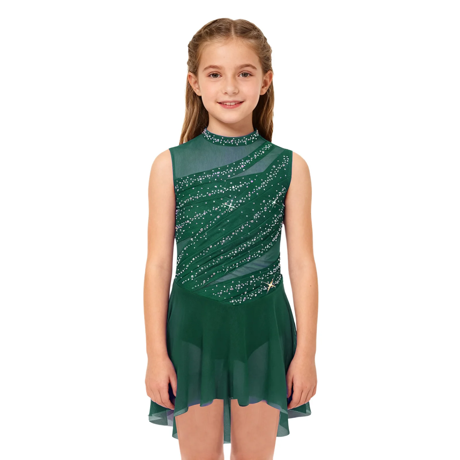 

Kids Girls Modern Lyrical Dress Ballet Dance Dress Sleeveless Sheer Mesh Patchwork High-Low Hem Ruched Rhinestone Leotard Dress