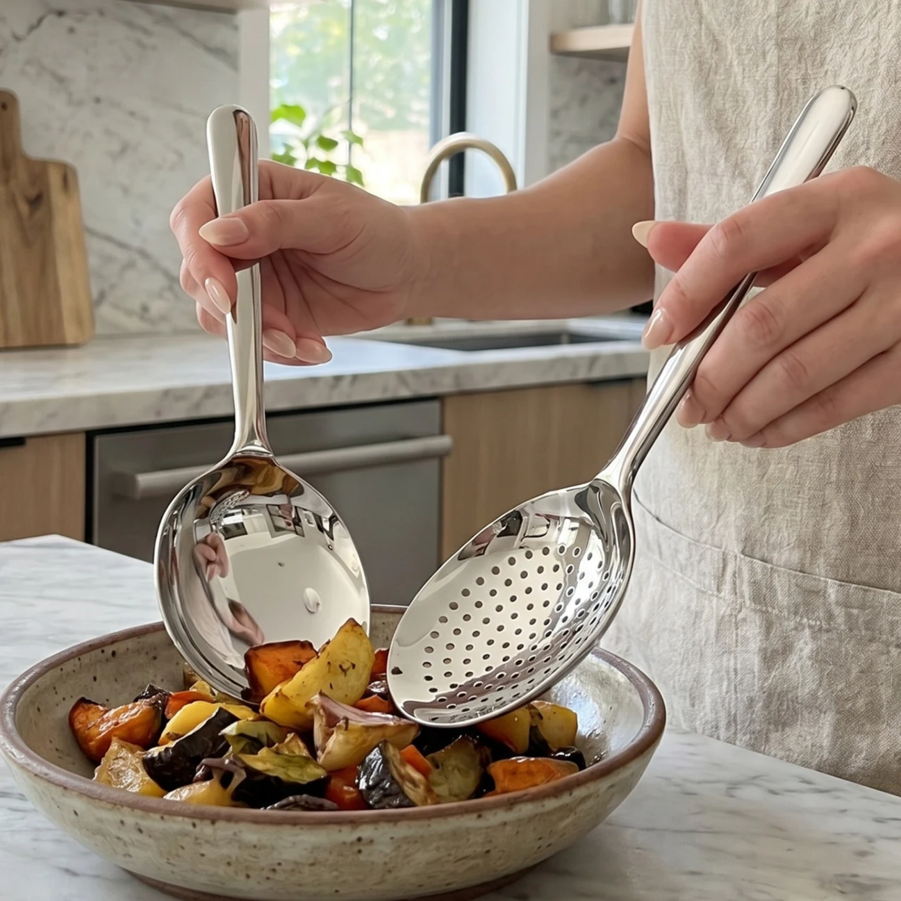 2/4pcs Stainless Steel Ladles Large Serving Spoon with Heat-Resistant Short Handle Drain Hole Easy Cleaning Heat Spoon Kitchen