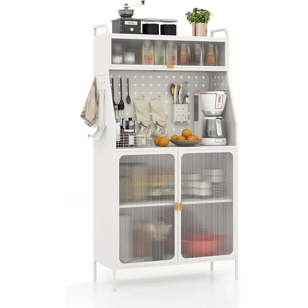 

White Standing Bakers Rack with 63.5 High Kitchen Cabinet, Hutch, Pegboard, 8 Hooks, and Hanging Storage Box
