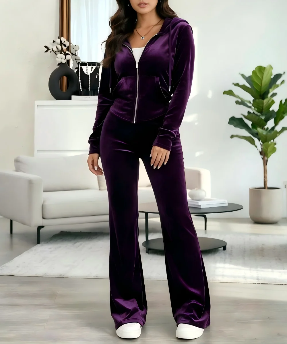Women Velour Two Piece Set Zip Up Hooded Sweatshirt High Waist Flare Pants 2026 Autumn Fashion Casual Tracksuit Outfits