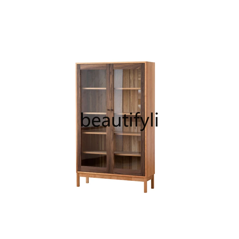 Glass bookcase contrasting color log wine cabinet display bookshelf solid wood cabinet storage cabinet