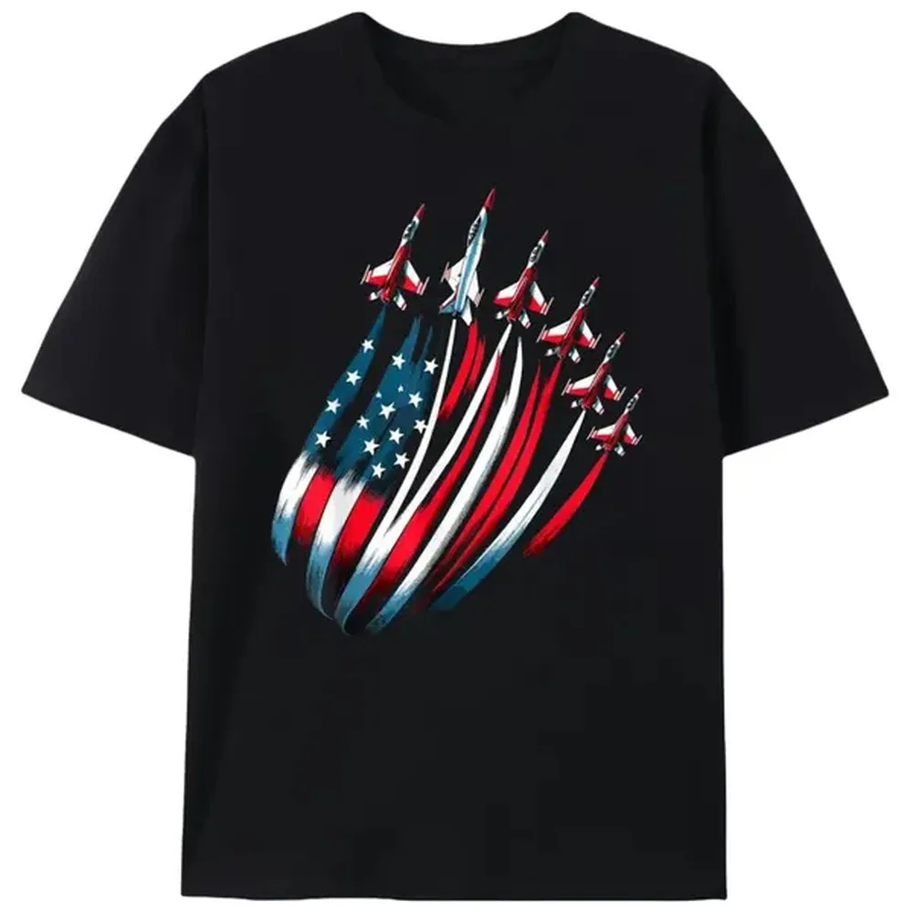 Men's Patriotic Jet Graphic T-Shirt, Heavyweight 100% Cotton Fabric, Casual Baggy Round Neck Tee with Slight Stretch for 4th of July, Tshirt, Knitting, Loose Fit, Fourth Of July, Us Flag Men's Short-Sleeve T-Shirts, American Patriotic Men's Short-Sleeve T