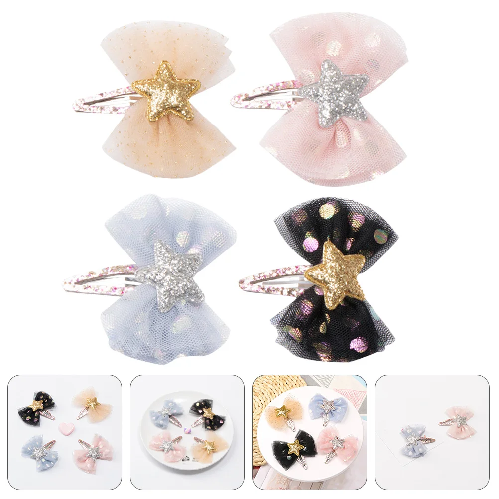 

4Pcs Bow Hair Clips Bow Knot Stars Shiny Color Lovely Hairpins Easy Use Hair Accessories Lovely Headdress