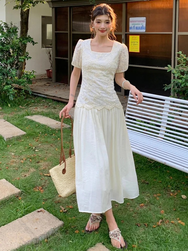 

SMTHMA New Fashion French High-End Embroidered Flowers Dress Women's Square Neck Short Sleeved Light Sequin Long Dresses