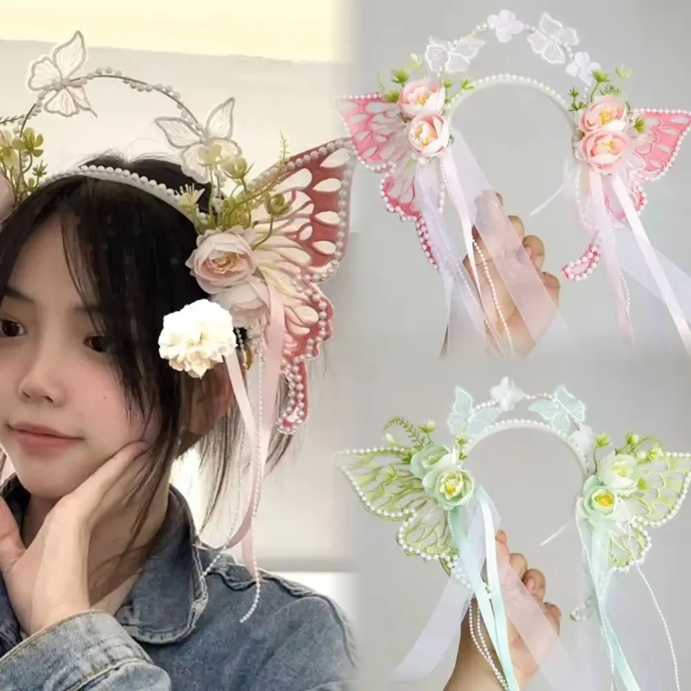 

Lovely Sweet Butterfly Fairy Hair Hoop Kawaii Mesh Elf Ear Headband Pearl Lolita Children's Headdress Kids Gift