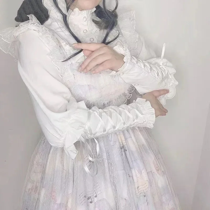 

Vintage Shirt For Women Camisas De Mujer 2025 Japanese Sweet Blouses Stand Neck Bandage Lace Fashion White Tops Lolita Style
