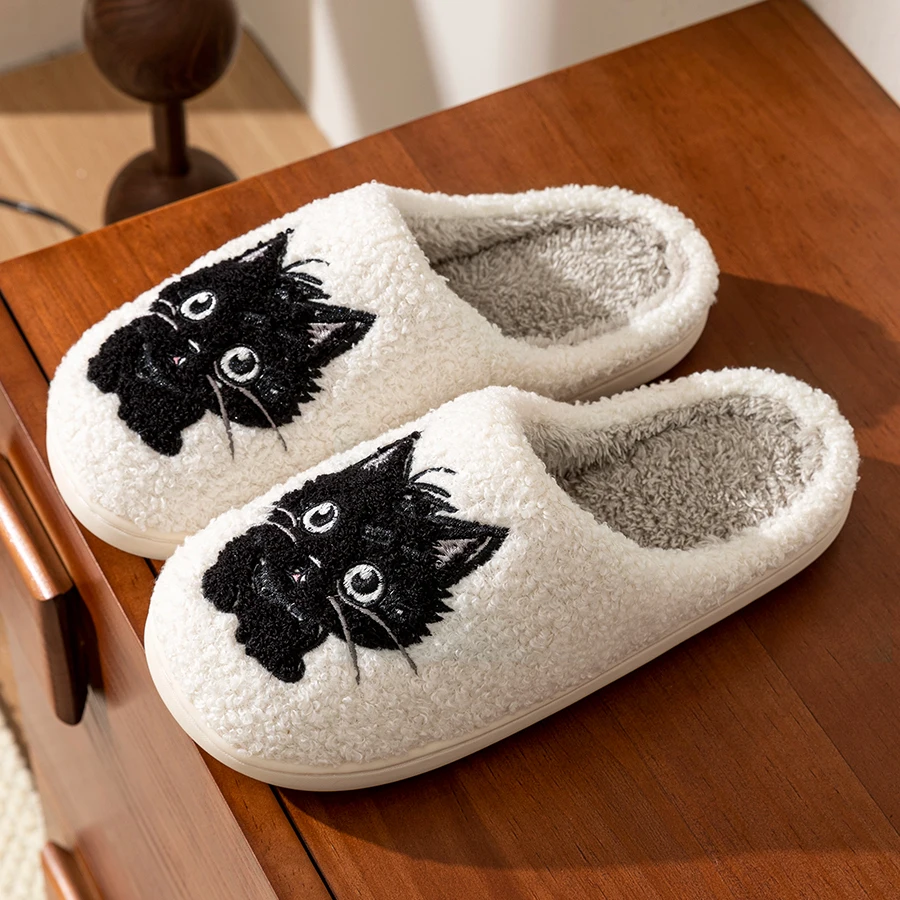 Cute Little Black Cat Women's Slippers Winter Indoor Soft Sole Exquisite Girls Slipper Bedroom Anti-slip Comfort Cotton Shoes