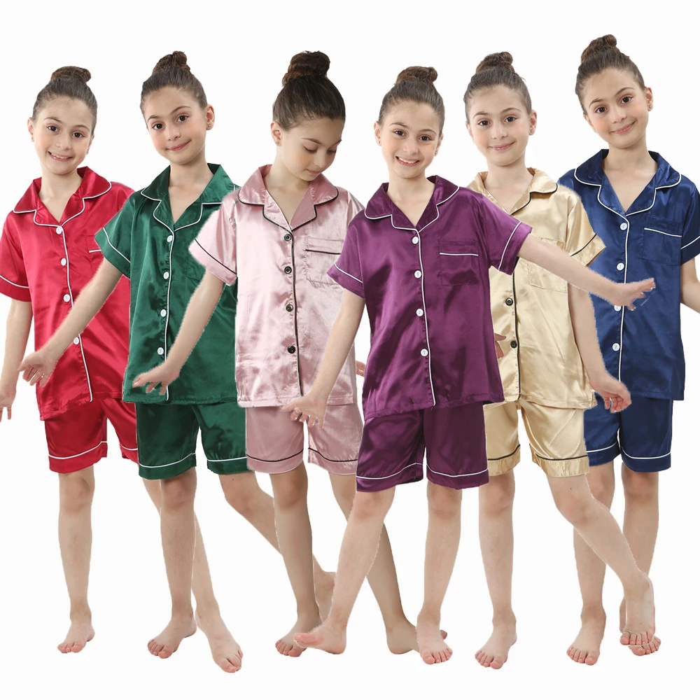 2024 summer teenager satin pajamas kids solid color loungewear children nightgown boys sleepwear girls home clothing for 2-13Y