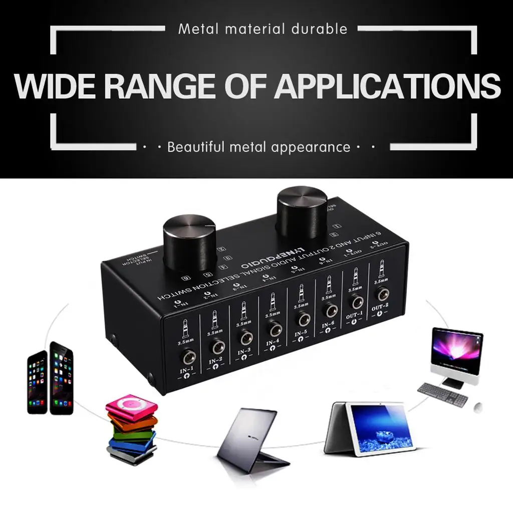 All Metal Audio Signal Headphone Switch Manual Selection Box 6 Inputs 2 Outputs for Active Speaker Amplifier