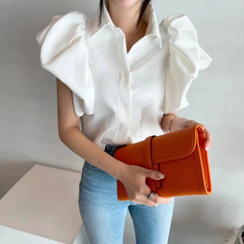 Ruffles Chiffon Shirts Women Y2K Summer Fashion Splicing Puff Sleeve Buttons Tops Female Korean Elegant All Match Blouse New