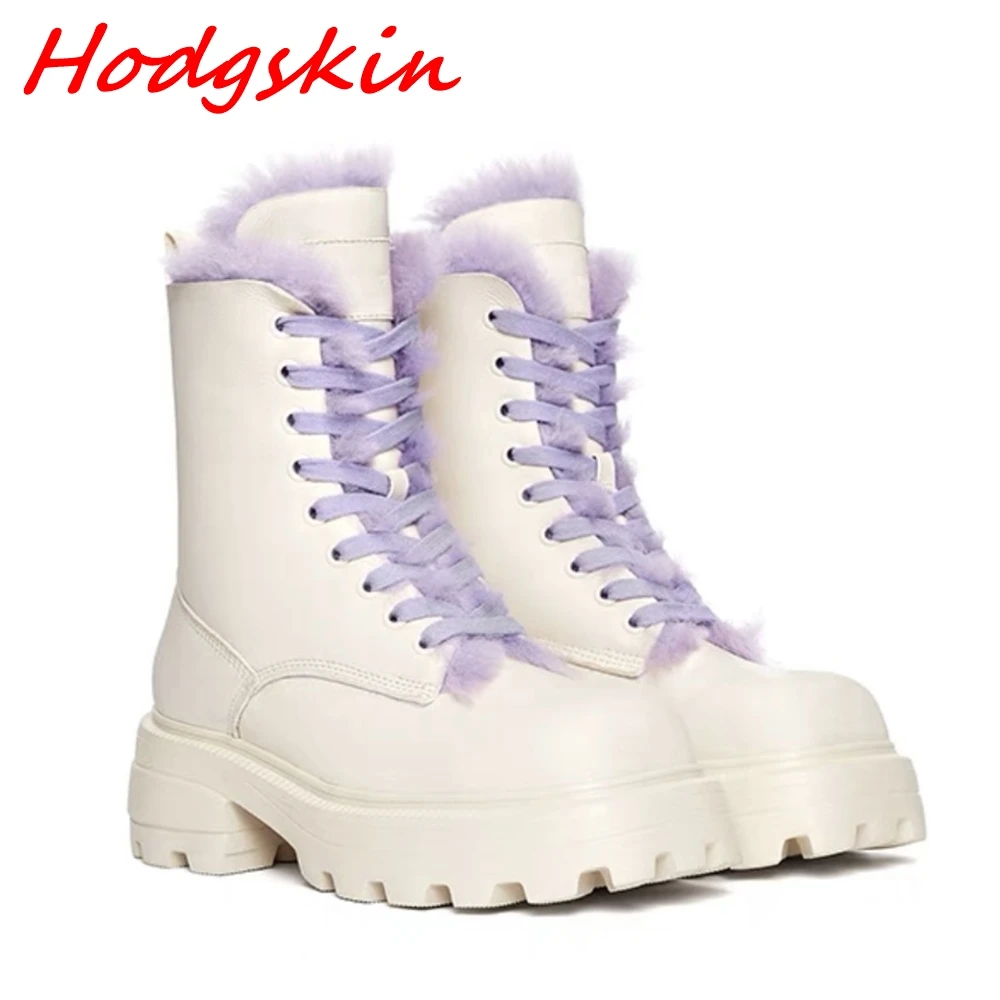 2024 Newest Winter Boots for Women Square Toe Warm Fur Mixed Colors Lace Up Comfy Flat with Shoe All-match Casual Mid Calf Boots