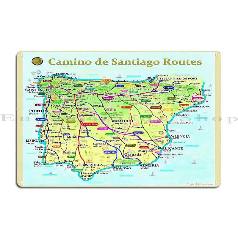 Map Of Camino De Santiago Routes In Spain And Portugal Metal Sign Kitchen Customize Club Home Designing Tin Sign Poster