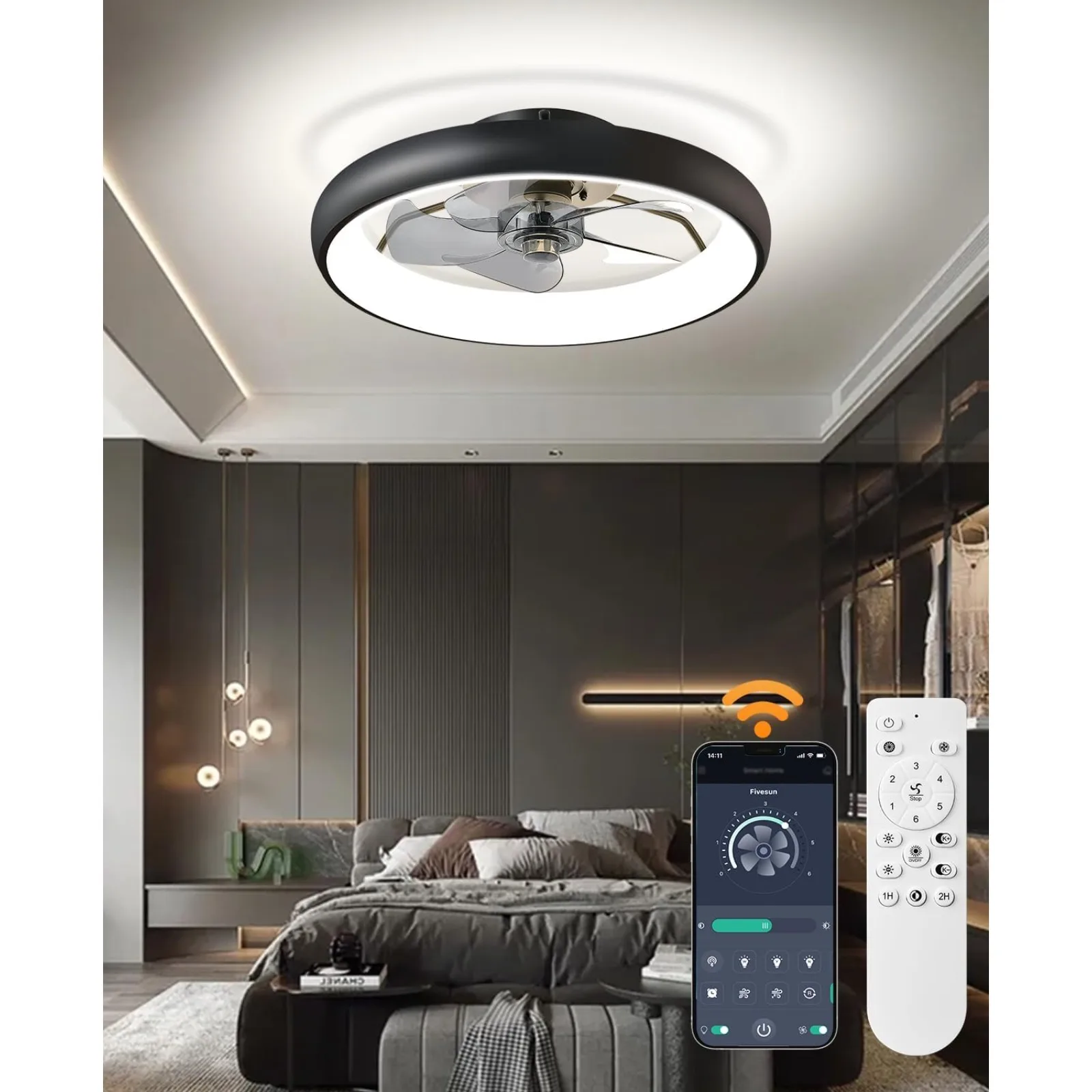 

US Ceiling Fans with Lights and Remote, 21" Modern Ultra Low Profile Flush Mount Ceiling Fan, 6 Speeds Smart Bladeless LED