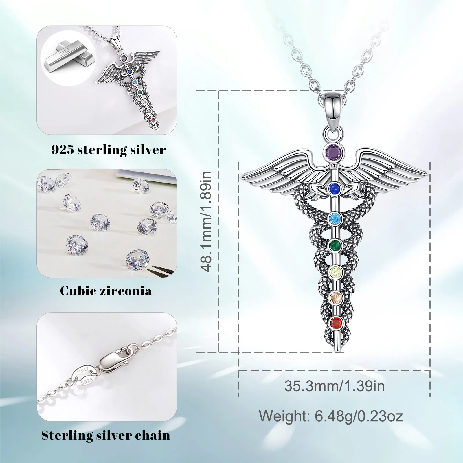 Eudora 925 Sterling Silver Caduceus Necklace for Men Women Double Snake Wing 7 chakras Pendant Medical Symbol Jewelry Fine Gift