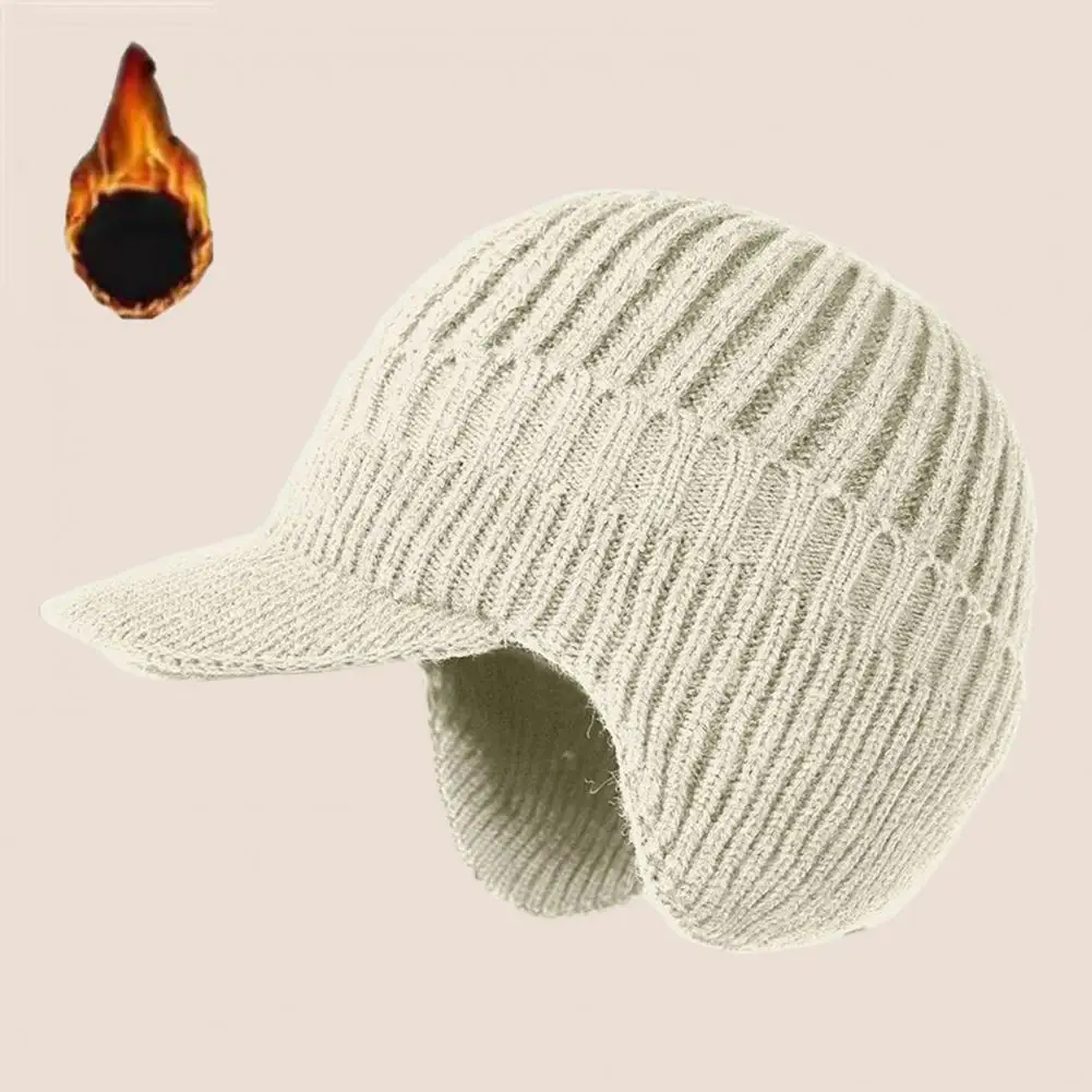 Knitted Hat Men's Knitted Winter Hat with Extended Brim Thick Plush Lining Ear Protection Solid Color Warm Knit Cap for Cold