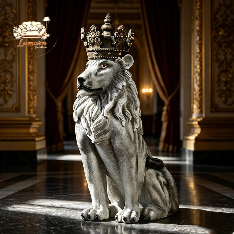 Modern Home Decor Crown Lion Sculpture Large Size Animal Model Figurine Resin Crafts Living Room Store Floor Decoration Statue