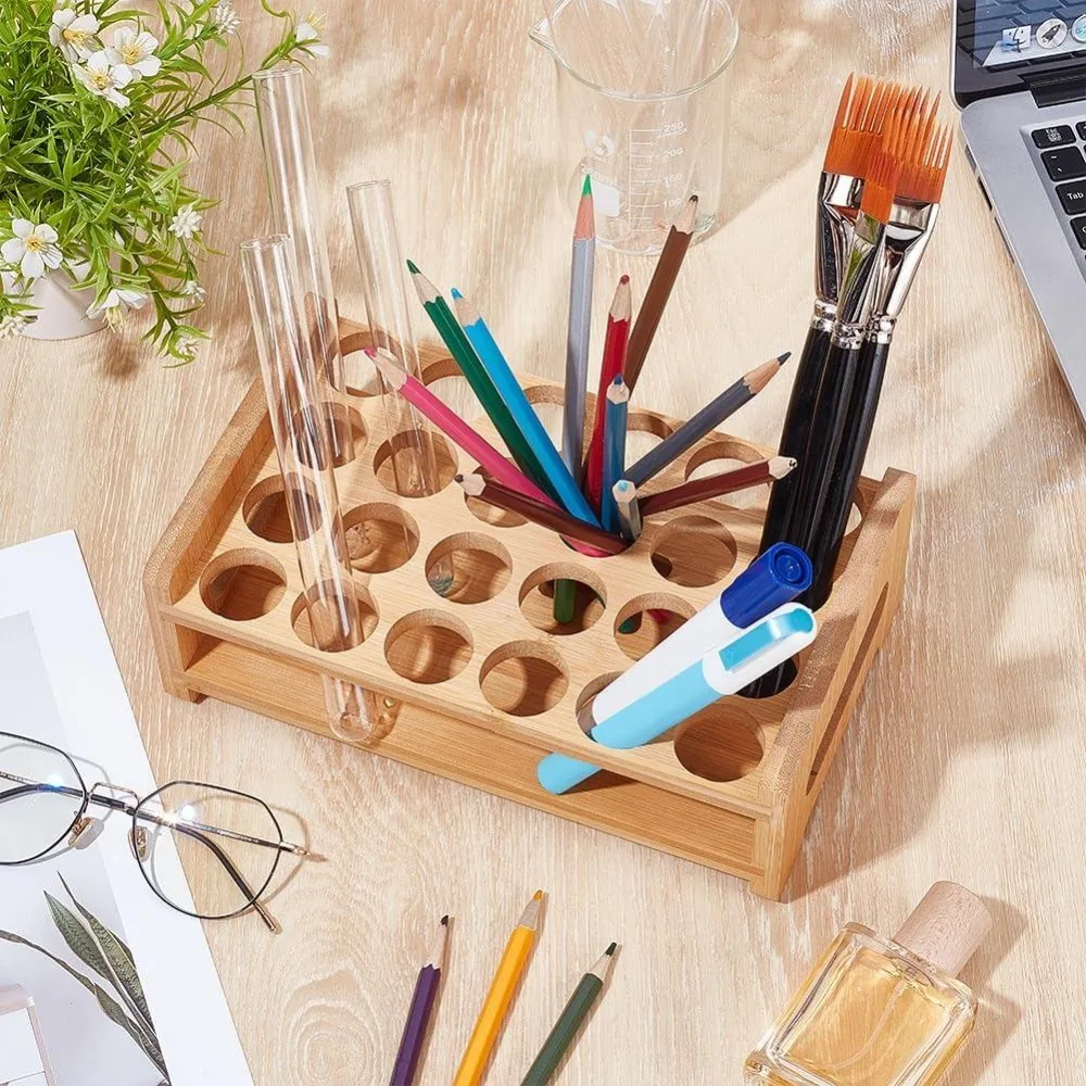Wooden Test Tube Rack 24-Holes Bamboo Multi-Use Cylinder Tube Display Racks Rectangle Razors Pencils Art Brushes Holder