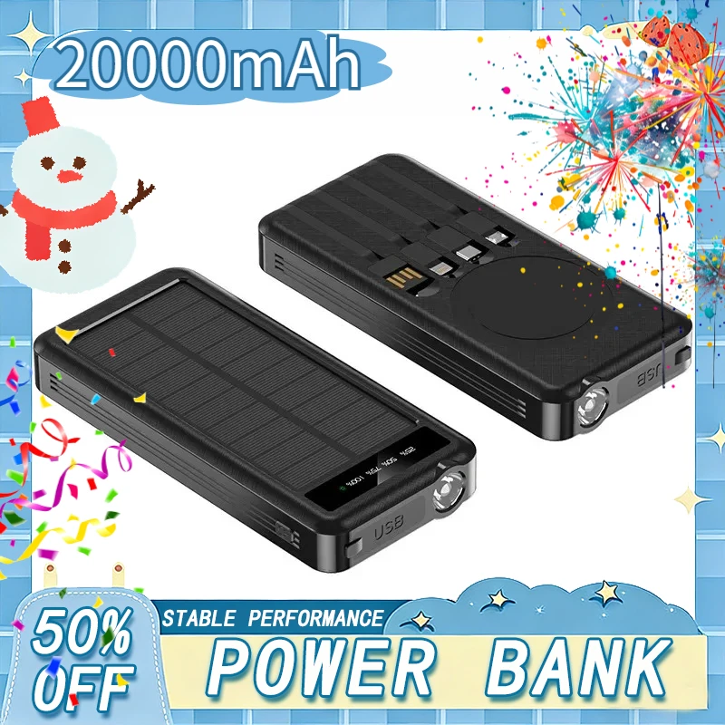 

20000mAh Capacity Solar Power Bank Built in Cables Comes Portable power supply with LED Lights For iPhone Samsung