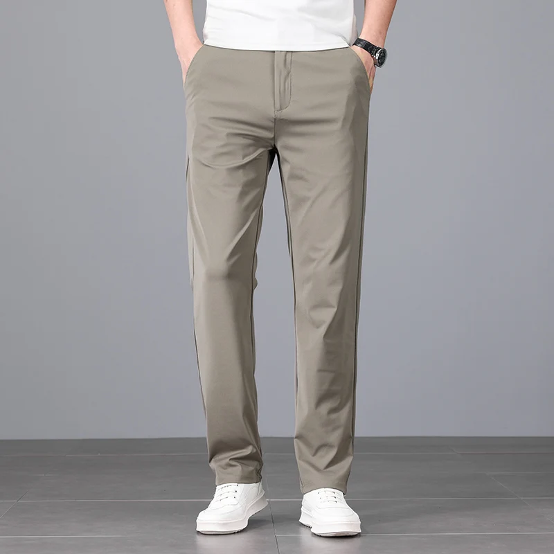 

High Elastic Soft Knitted Men's Trousers Summer Thin Breathable Loose Straight Solid Color Business Casual Pants Brand Clothes