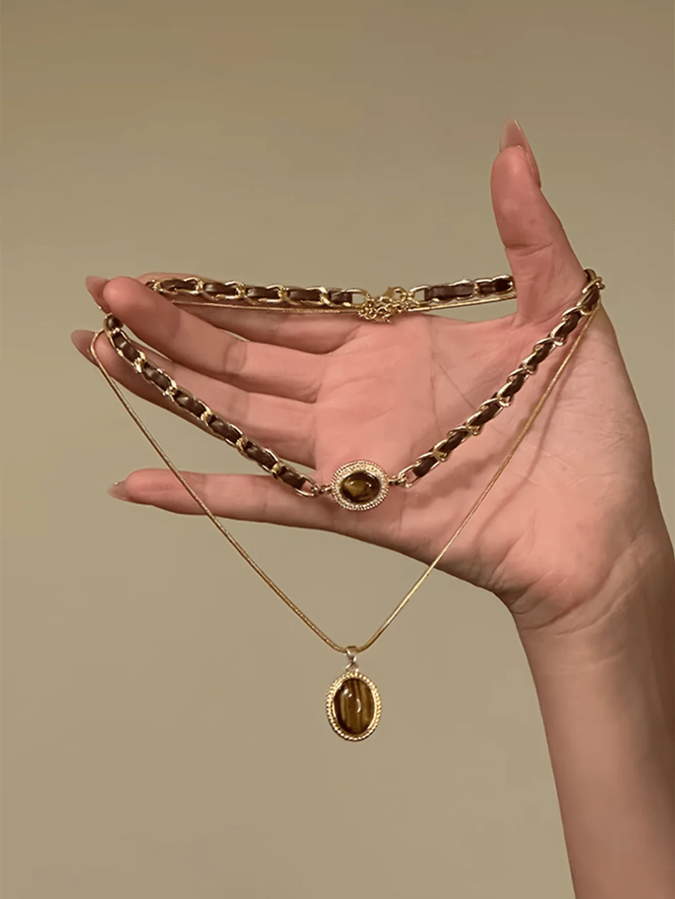 2pcs Vintage Maillard Style Heart Tiger Eye Stone Tassel Necklace, Minimalist Sweater Chain Accessory For Women
