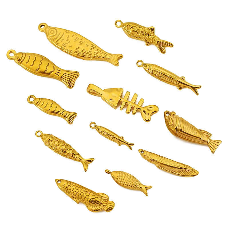 5pcs Stainless Steel Gold Plated Vintage Fish Charm for Jewelry Making DIY Necklace Bracelet Stripe  Fishbone Pendant Accessorie image 2