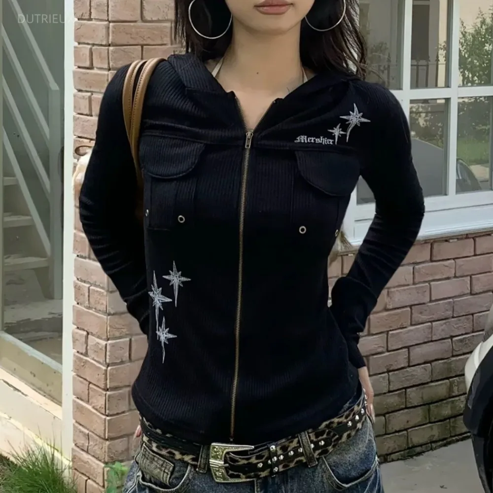 Spicy Girl Women's T-shirts Y2k Long Sleeve Ropa mujer Hooded Zipper Clothes Sweet Cool Girls Tops Personalized Roupas Feminina