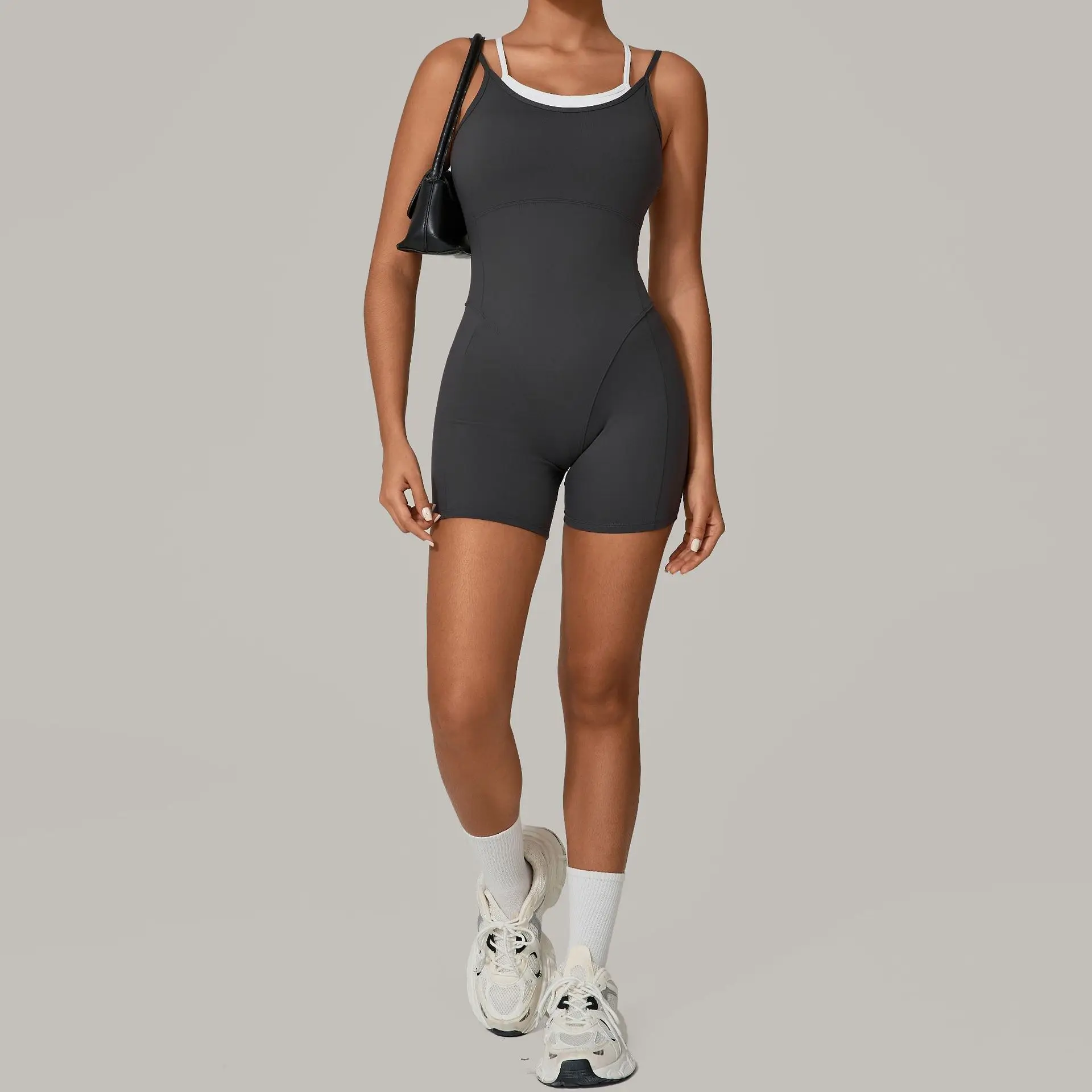 

2025 Summer Women's Fake Two-Piece Color-Blocked Camisole Jumpsuit Backless for Outdoor Fitness Yoga High-End Active One Piece