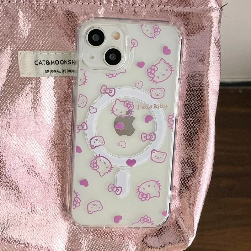 Cute Sanrio Hello Kitty Magnetic Wallet Holder Magsafe Wireless Charge Phone Case For iPhone 16 15 14 13 12 Pro Max Hard Cover image 6