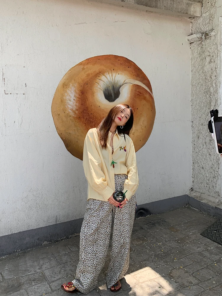 2024 신상 여성 하이웨이스트 와이드 레그 팬츠 루즈핏 밴딩 레오파드 프린트 캐주얼 트라우저 한국 스타일 롱 팬츠