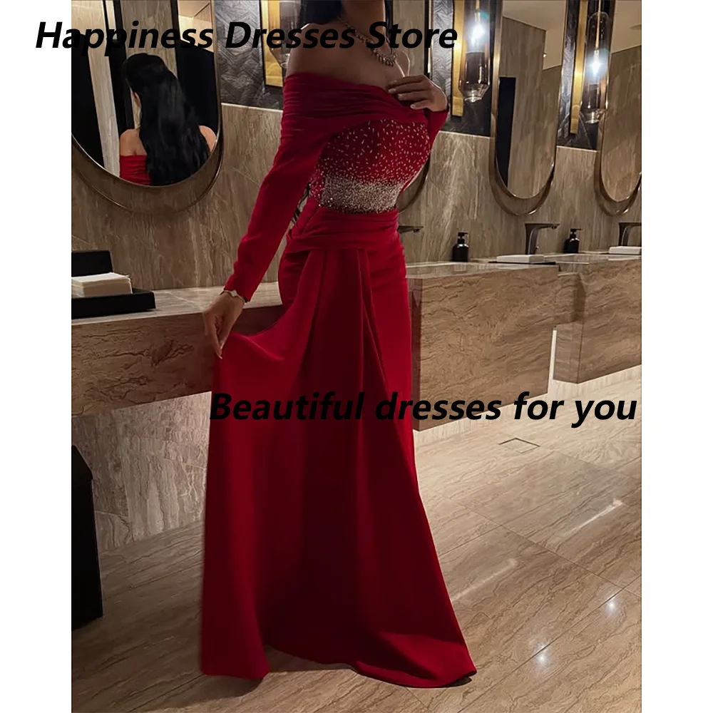 Robes de soirée rouges pour femmes, manches longues, épaules dénudées, longueur au sol, robes de bal sirène personnalisées