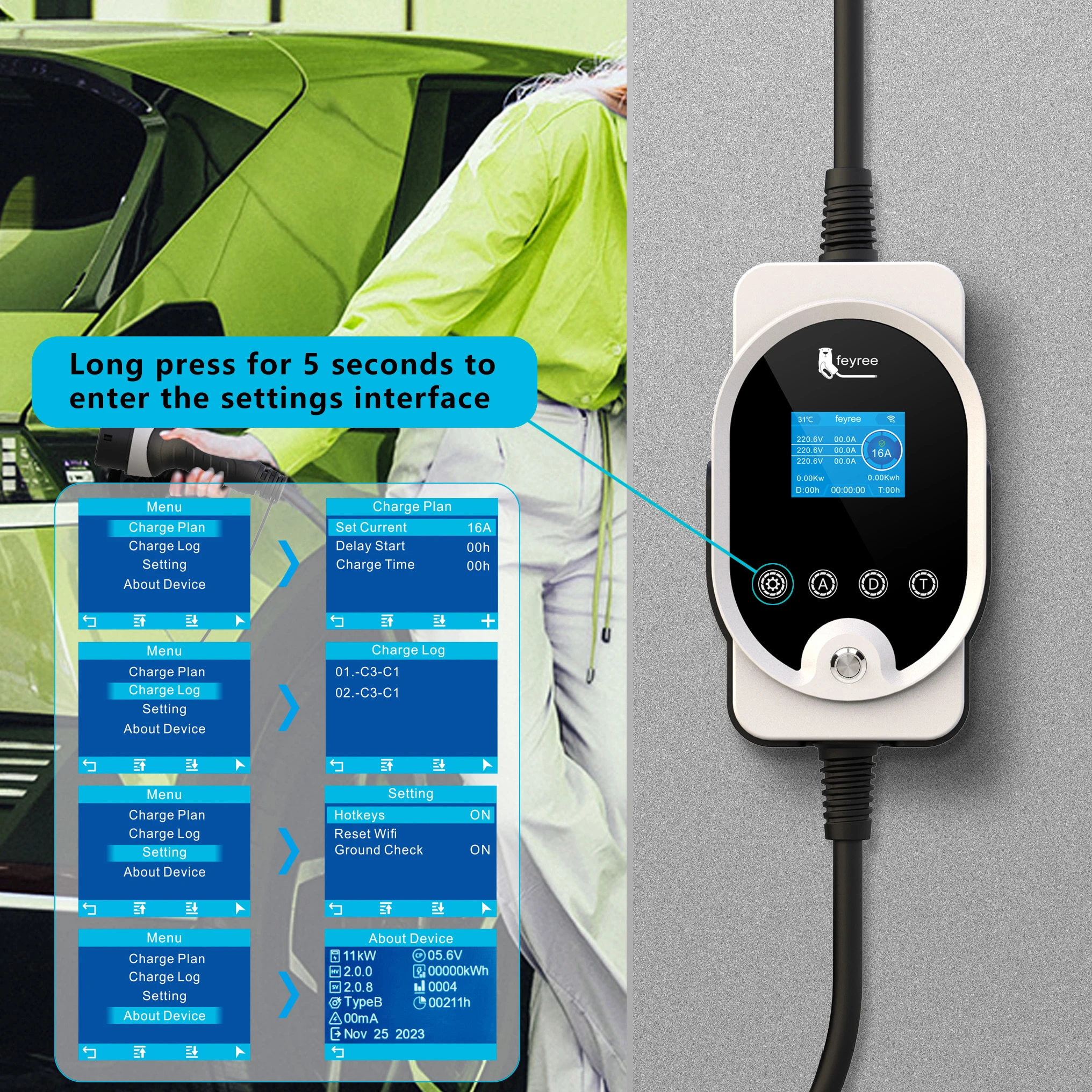Feyree Typ2 11KW EVSE Wallbox EV Tragbares Ladegerät 16A 3Phase Wi-Fi Smart APP Control Ladestation für Elektroauto-Ladegerät – Detail 11