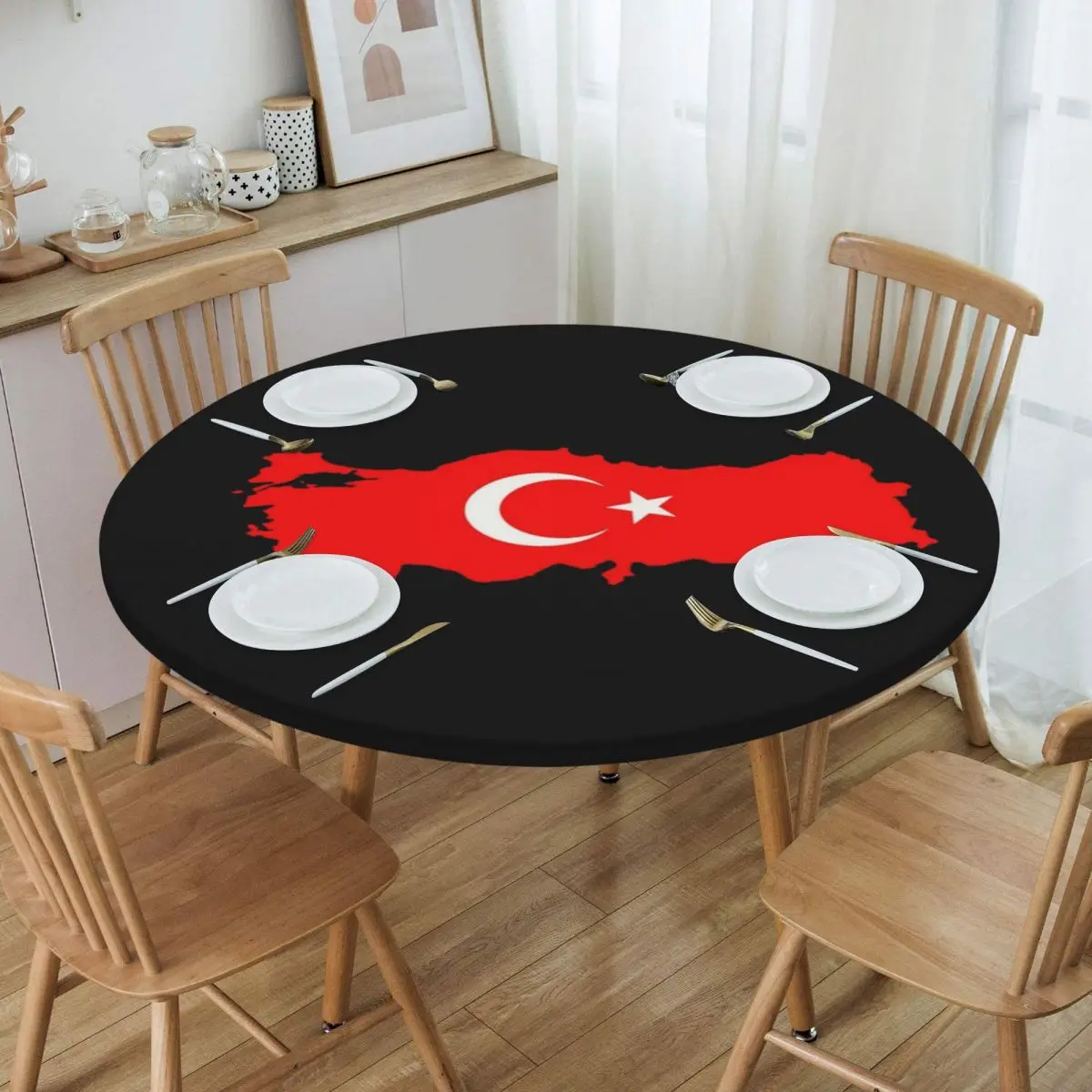 Round Oilproof Turkey Flag Map Table Cover Elastic Turkish Moon and Star Table Cloth Backed Edge Tablecloth for Picnic