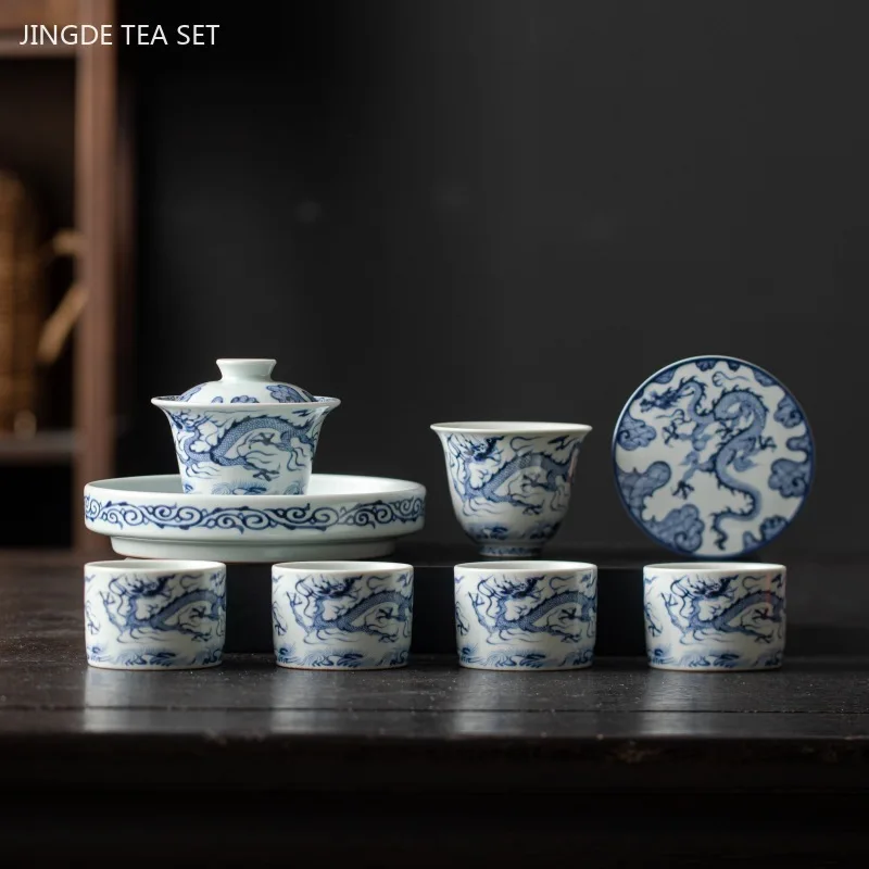 Jingdezhen Blue and White Porcelain Dragon Pattern Tea Set Handmade Beauty Gaiwan Tea Maker Exquisite Master Cup Chinese Tea Set