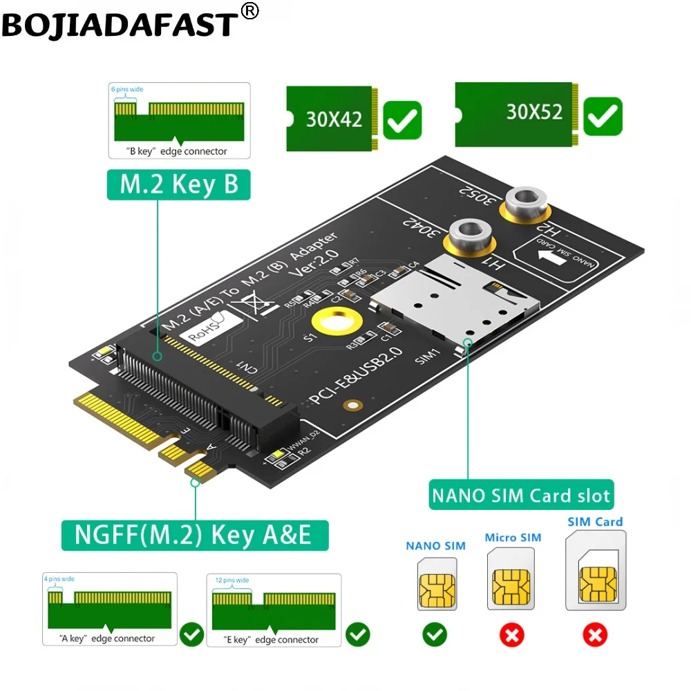 NGFF M.2 Key A+E Interface To M2 Key-B Wireless Adapter With 1 NANO SIM Card Slot For 3G 4G GSM LTE WWAN Modem 5G Module