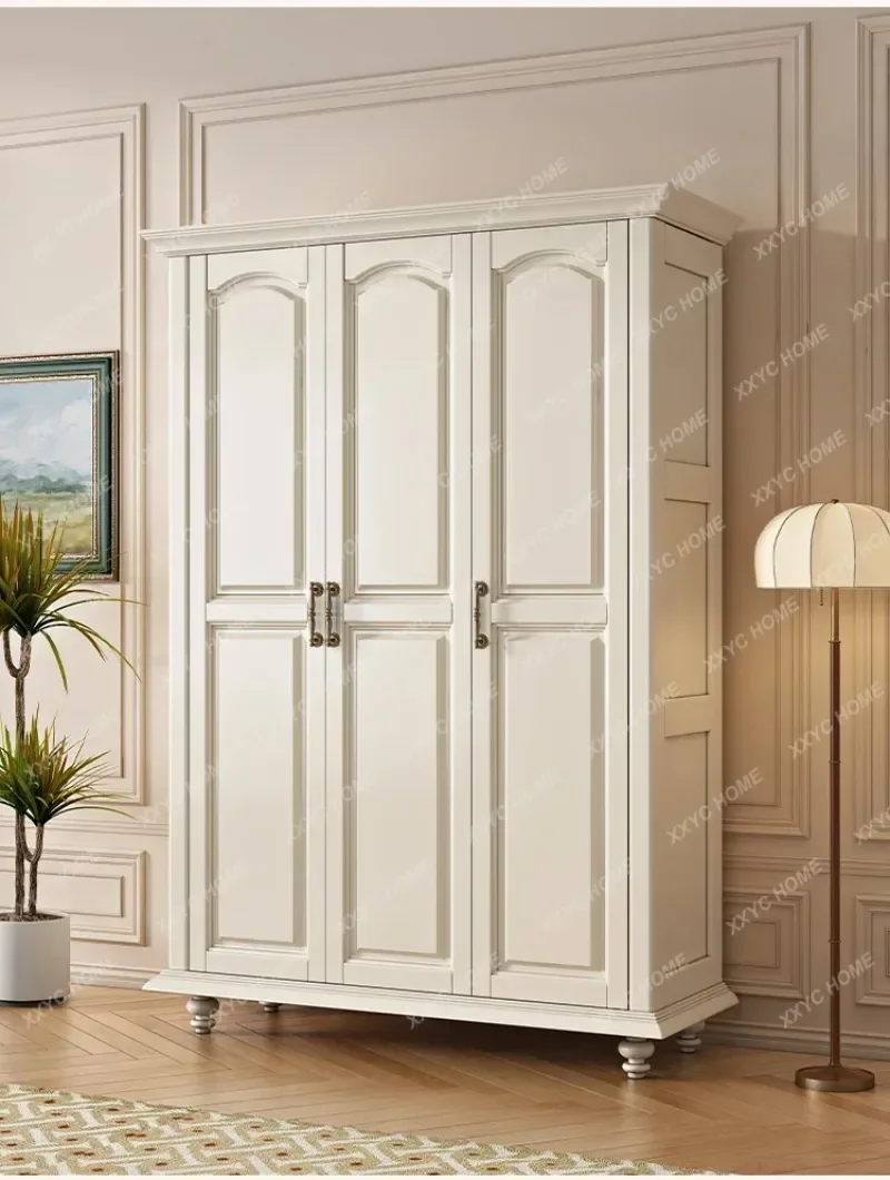 

Cream Style White Solid Wood Wardrobe Home Bedroom Wardrobe Three Door Princess Four-Door Wardrobe