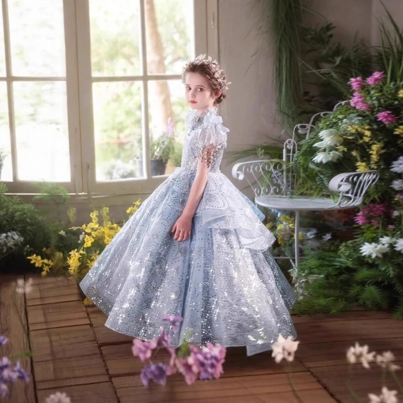 Abito lungo di lusso per bambini, ragazze, principessa, compleanno, costume, fiore, ospite, pianoforte, performance, vestito, ragazza, abiti da sposa, bambini