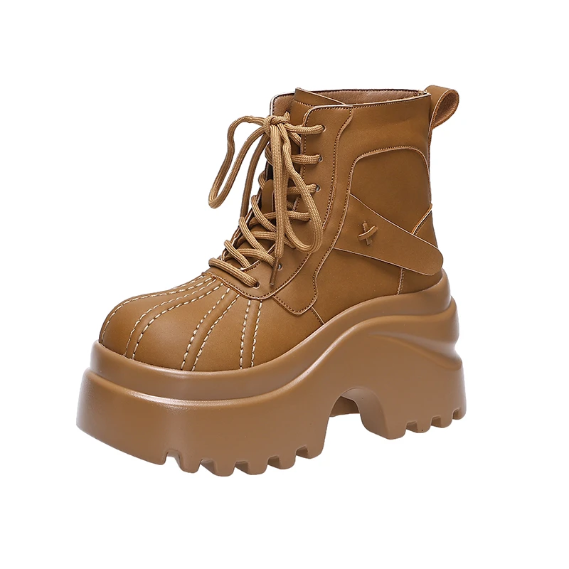 

9CM Heels Autumn Women's Chunky Motorcycle Boots High Platform Lace-up Casual Leather Sneakers Winter Short Boots Botas Feminina