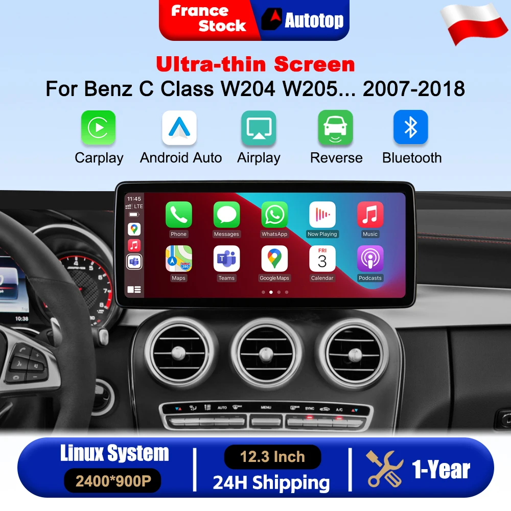 CarPlay wireless, Android Auto, autoradio Linux da 12,3 pollici, risoluzione 2400*900P, per Mercedes Benz Classe C W204 W205 S205 C204, Classe GLC X253, Classe V W446, modelli 2007-2018, sistema