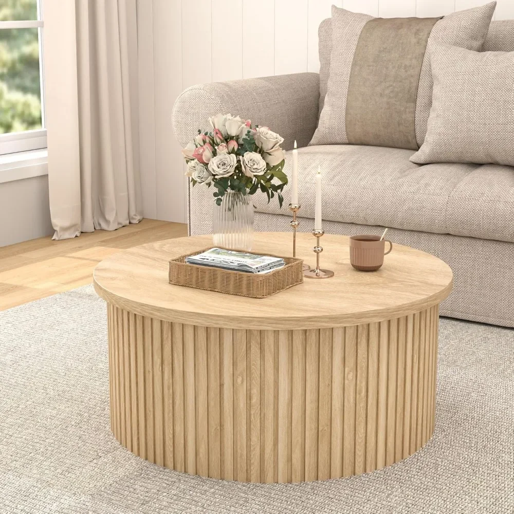 Lift Top Coffee Table with Storage, Round Coffee Tables for Living Room, 34.6'' Farmhouse Fluted Coffee Table, Wood Center Table