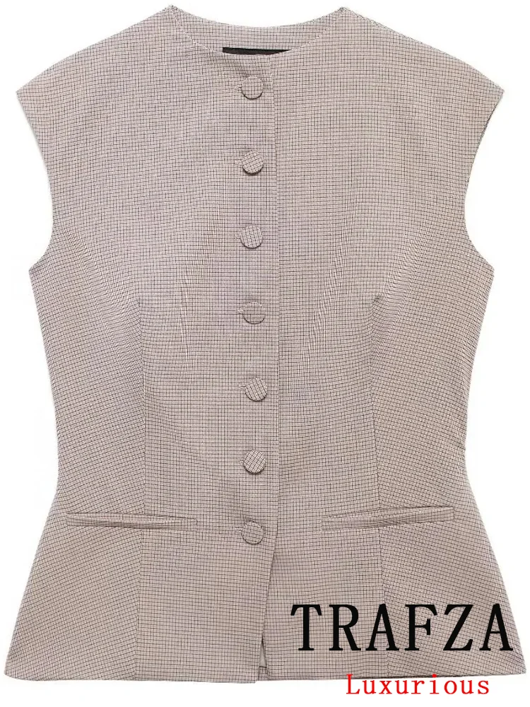 TRAFZA Vintage Casual Chic Office Lady Blazer Women Plaid O-Neck Sleeveless Single Breasted Blazer Fashion 2024 Autumn Blazer