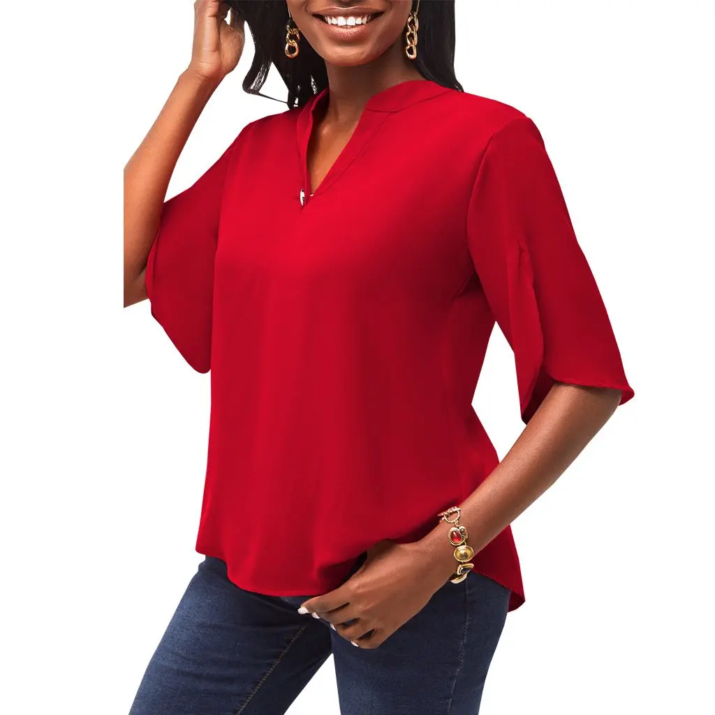 

Women's V-Neck Button Top Casual Fashion Solid Color SMR11195 New European And American Style for