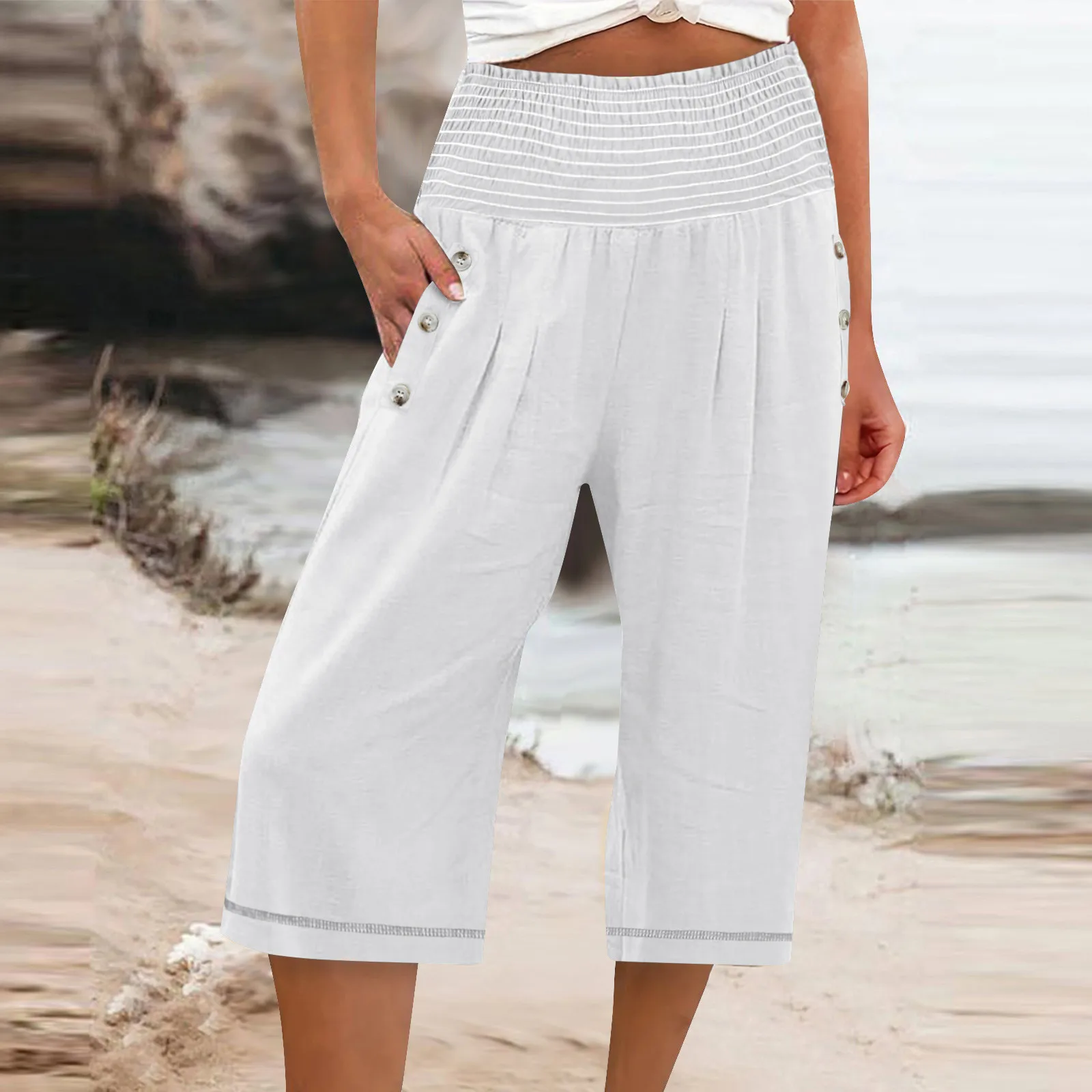 Women Summer Pants Solid Color Elastic Waist Wide Band Loose Breathable Mid-calf Length High Waist Women Cropped Pants 2024