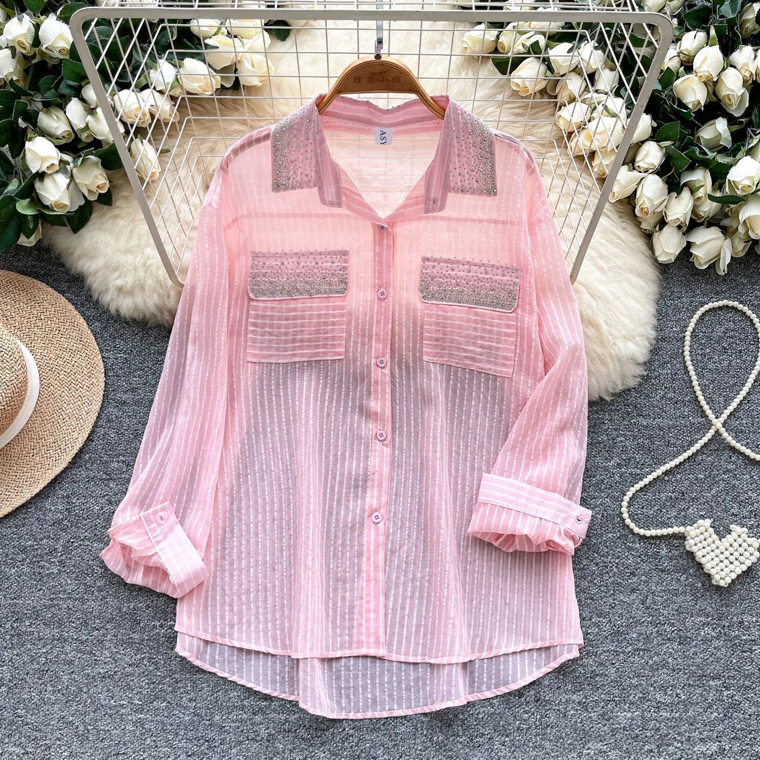 

Women Sheer Mesh Shirt Solid Shirts Rhinestone Long Sleeves Turndown Collar Single Breasted Loose Office Lady Casual 2025 Summer