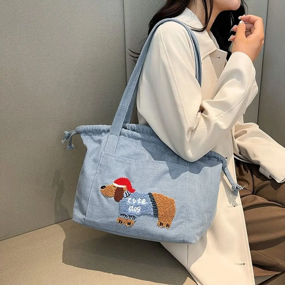 

Cute Dog Denim Drawstring Shoulder Bag Dumpling Denim Cloth Messenger Bag Handbag Printed Bucket Bag Women