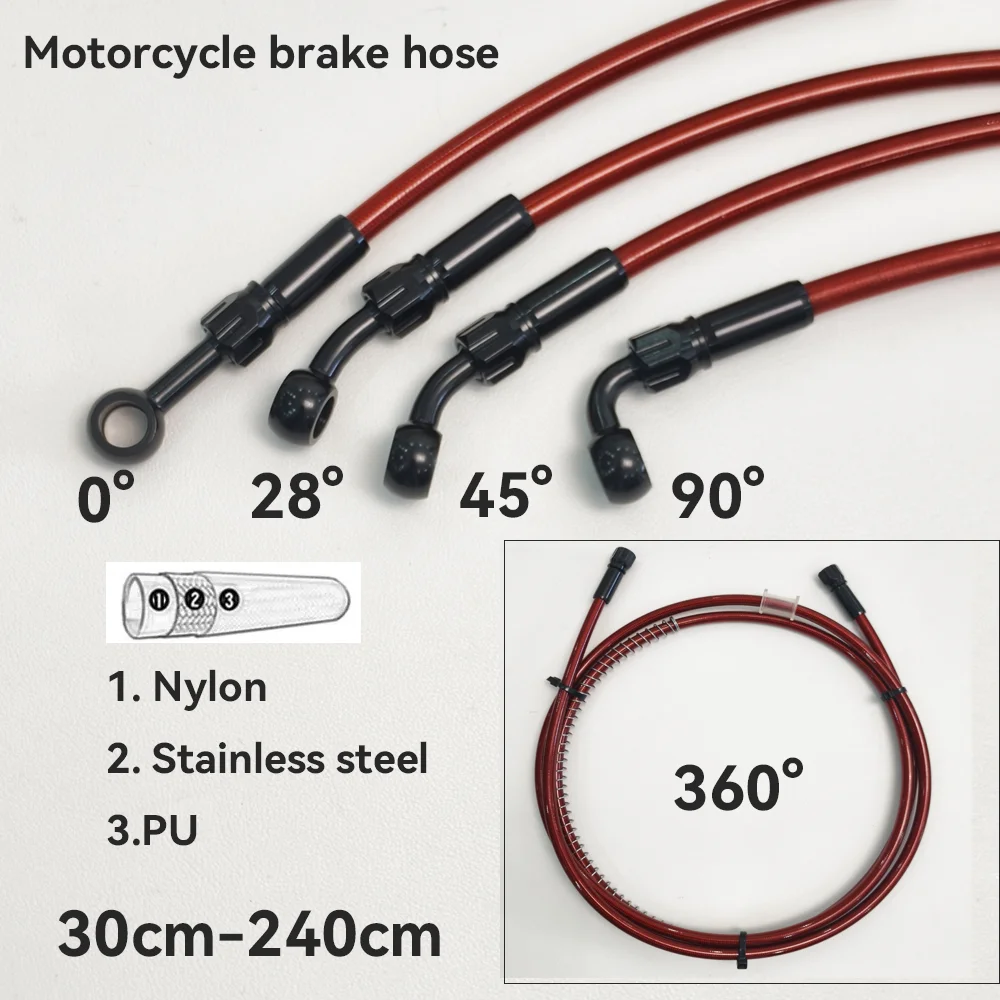 Red M10 Stainless Steel Braided Brake Hose Suitable Motorcycles Equipped With 360° Rotating Banjo Fittings 0 28 45 90 Degree